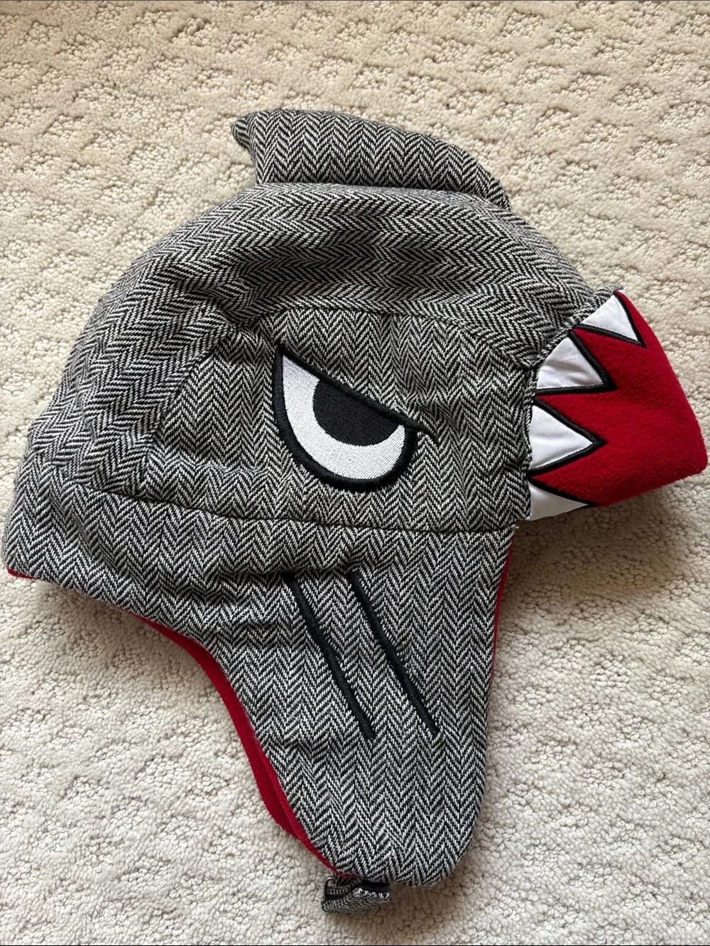 Kids Shark Earflap Hat - Gray with Red Accent